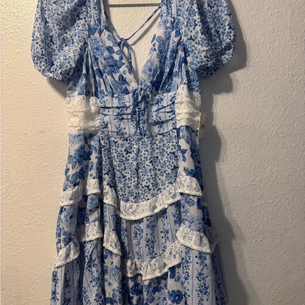 Altar'd State Blue and White Ruffled Maxi Dress